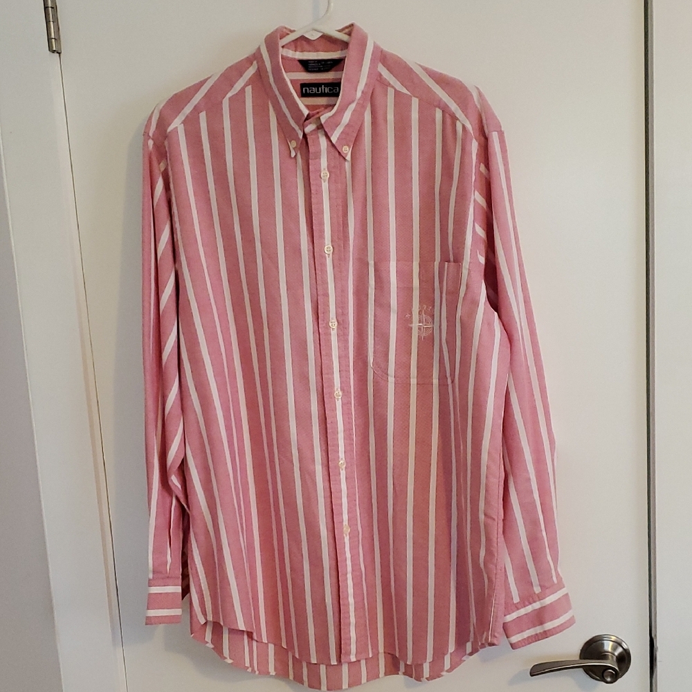 Nautica Men's Muted Red and White Striped Shirt
